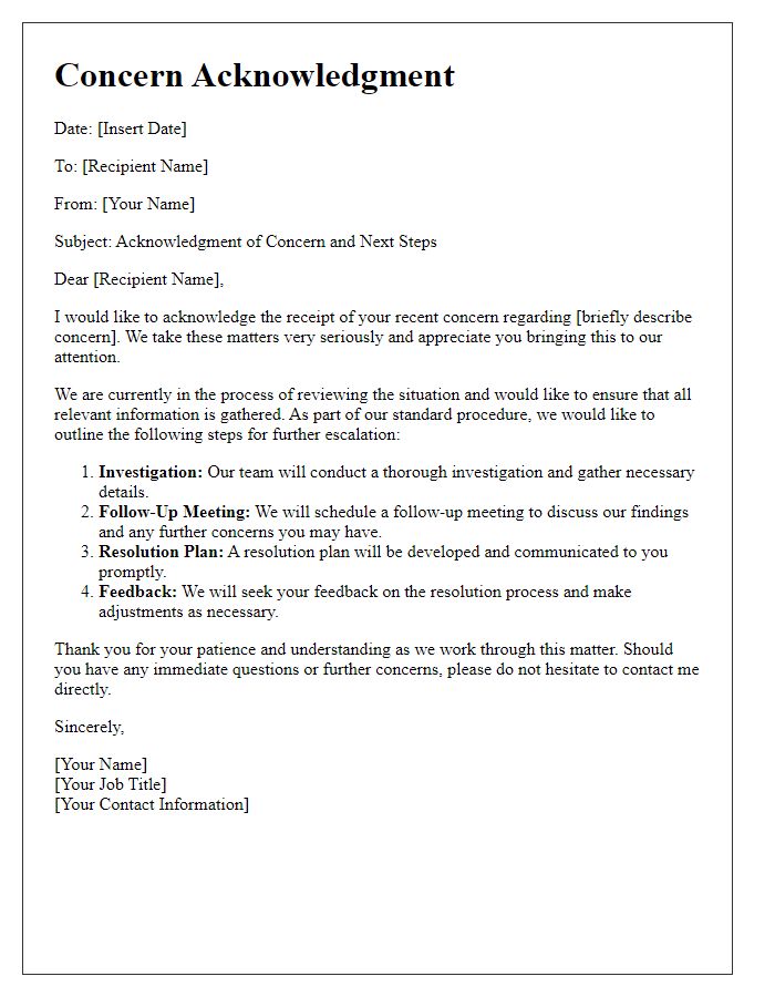 Letter template of concern acknowledgment and further escalation steps