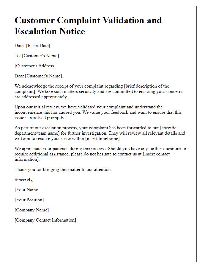 Letter template of customer complaint validation and escalation notice