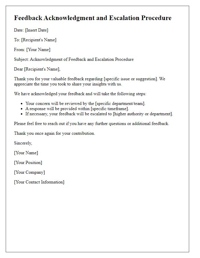 Letter template of feedback acknowledgment and escalation procedure