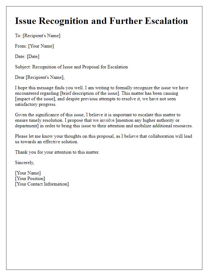 Letter template of issue recognition and further escalation