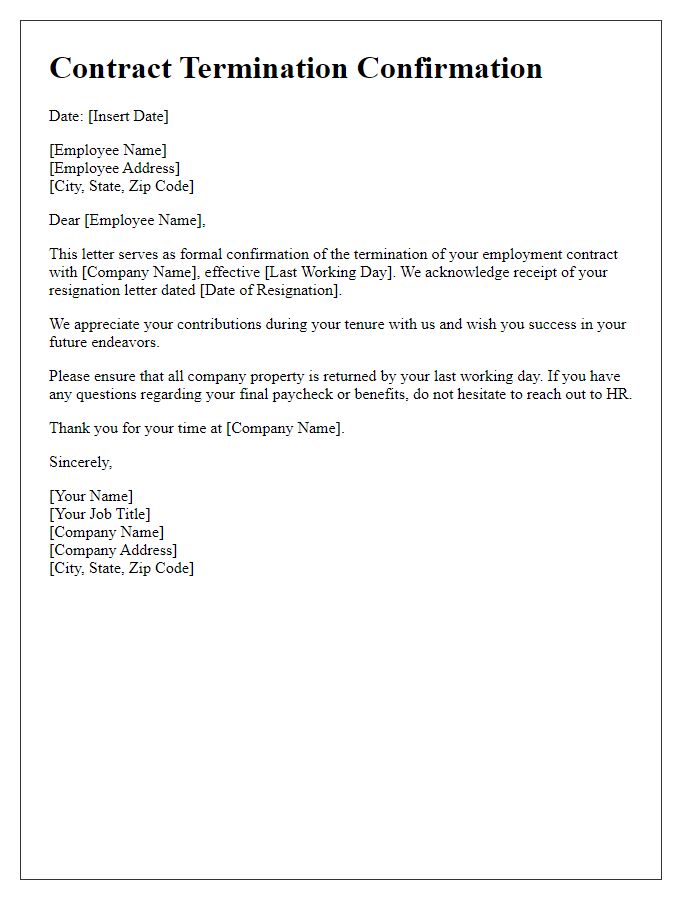 Letter template of contract termination confirmation for employee resignation