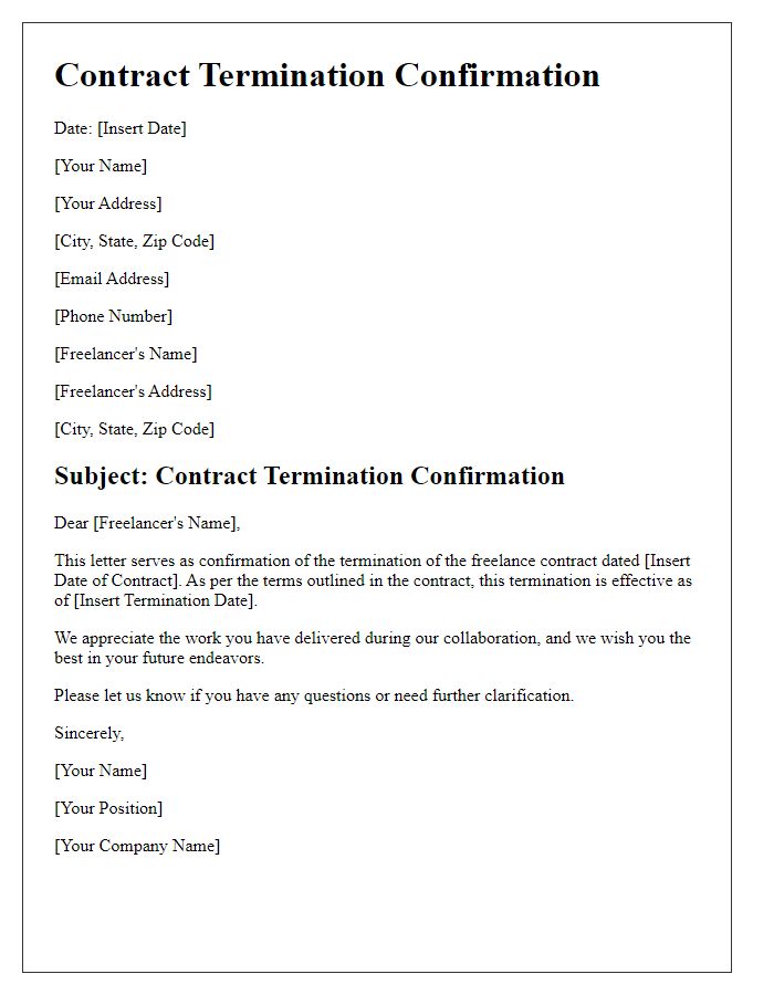 Letter template of contract termination confirmation for freelance contract