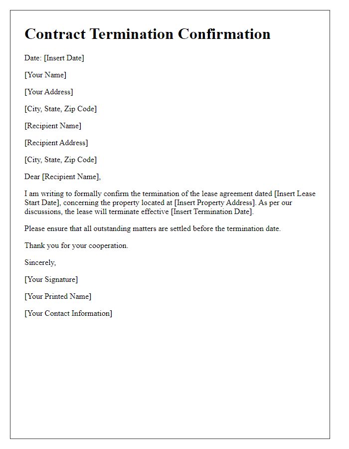 Letter template of contract termination confirmation for lease agreement
