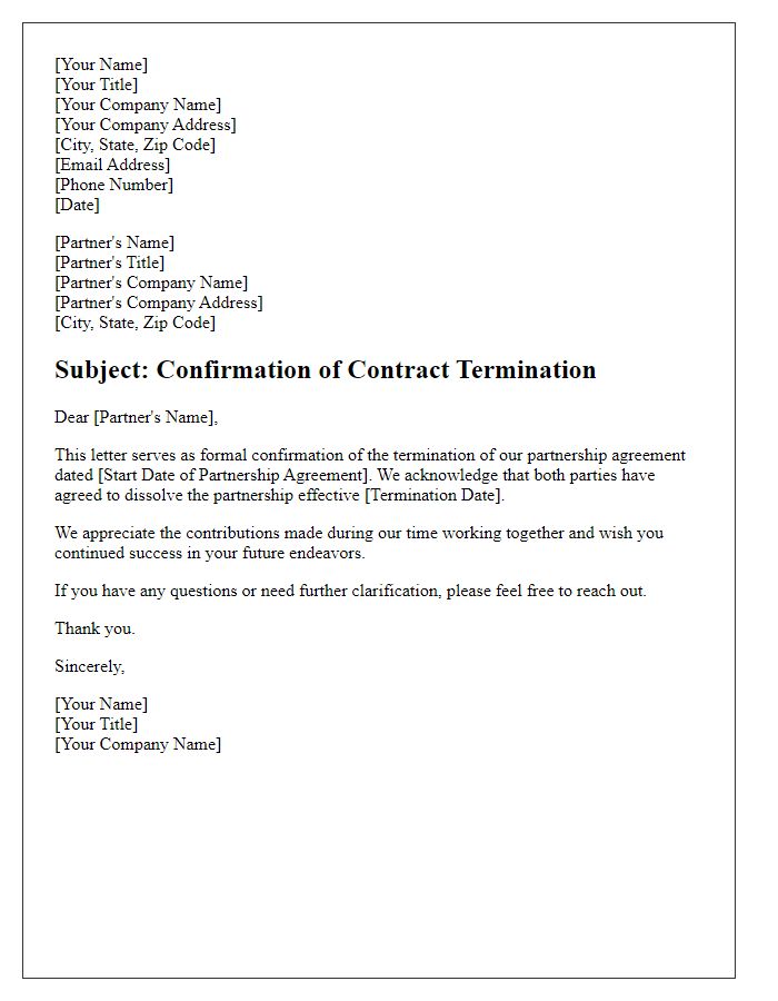 Letter template of contract termination confirmation for partnership dissolution