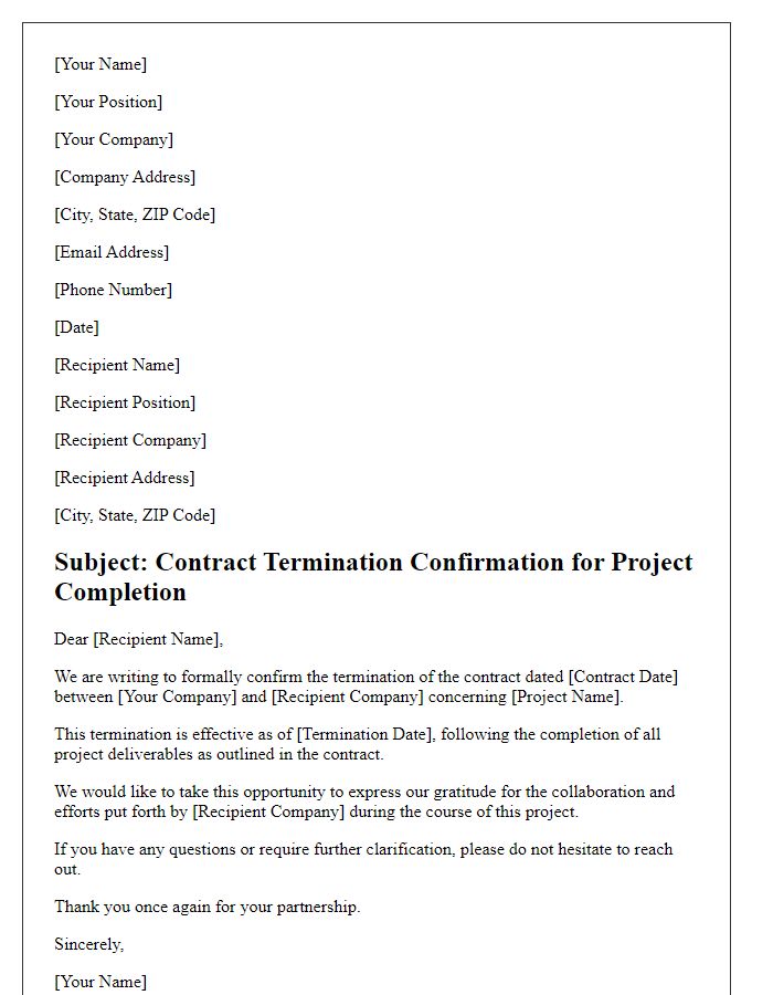 Letter template of contract termination confirmation for project completion