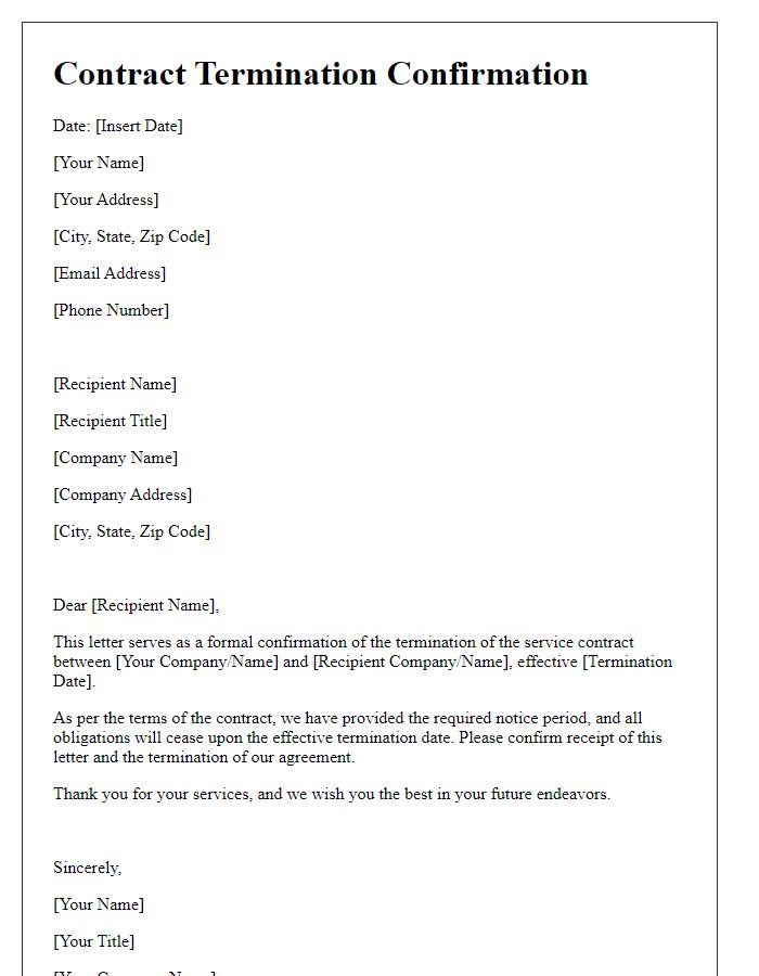 Letter template of contract termination confirmation for service contract
