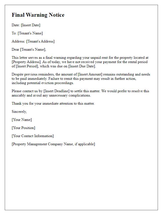 Letter template of final warning for unpaid rent to tenant