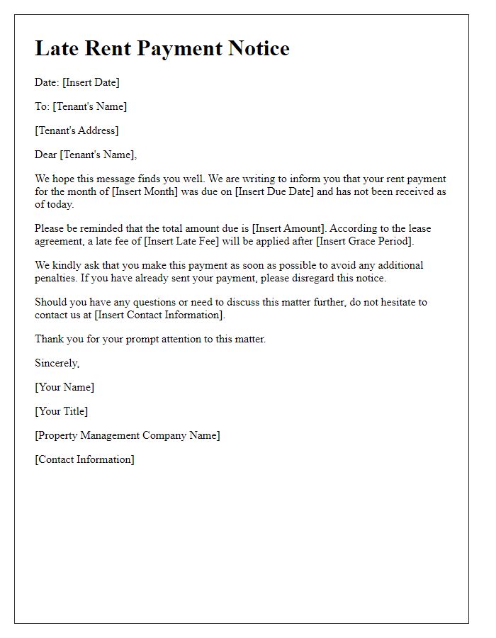 Letter template of late rent payment notice for tenant