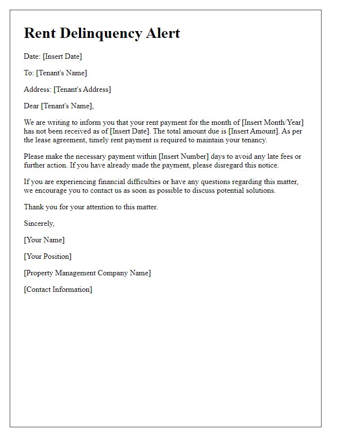 Letter template of rent delinquency alert for tenant