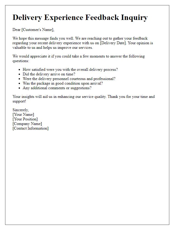 Letter template of delivery experience feedback inquiry