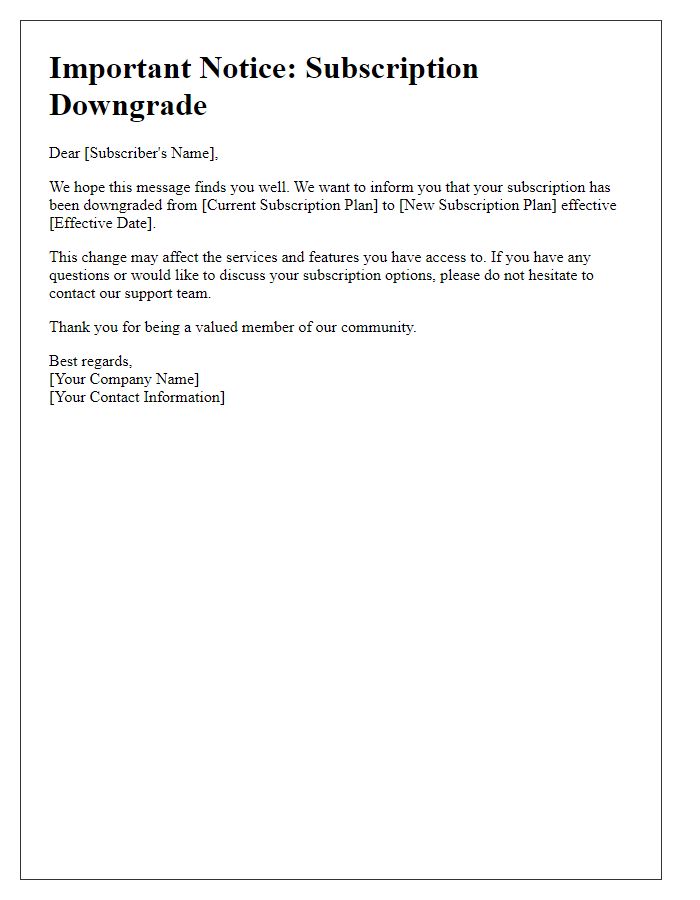Letter template of alert regarding subscription downgrade