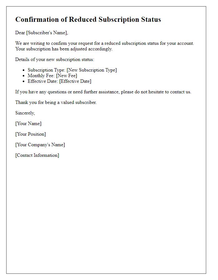 Letter template of confirmation for reduced subscription status