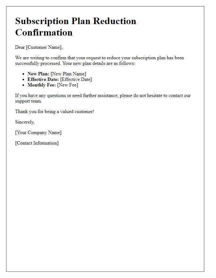 Letter template of confirmation for subscription plan reduction