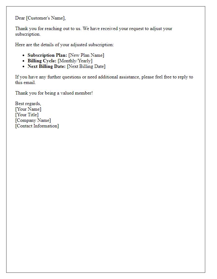 Letter template of email confirmation for subscription adjustment