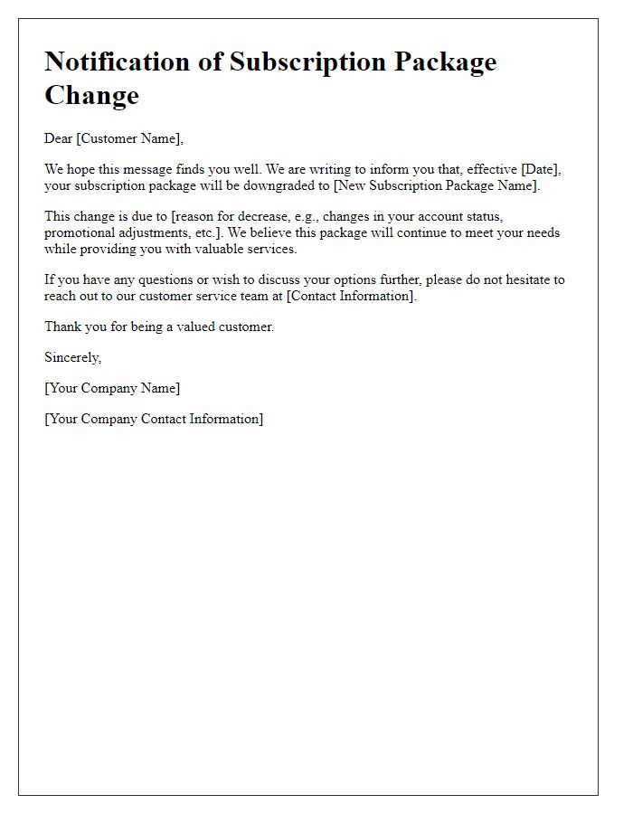 Letter template of notification for decrease in subscription package