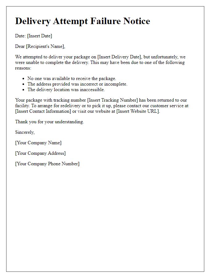 Letter template of Delivery Attempt Failure Notice