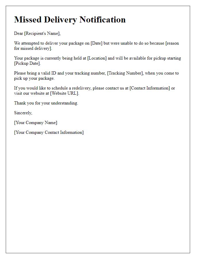 Letter template of Missed Delivery Notification