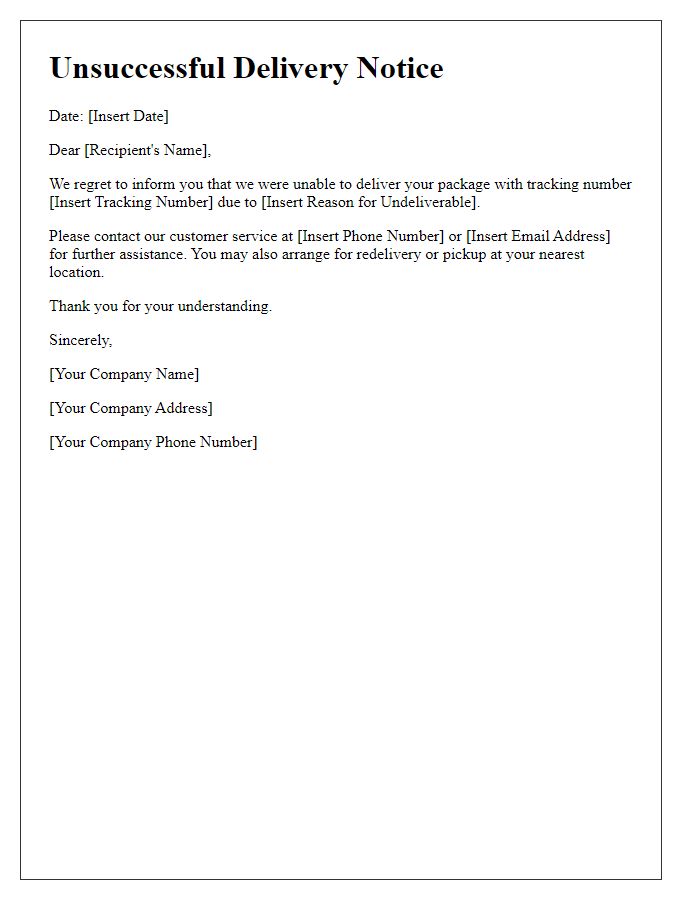 Letter template of Unsuccessful Delivery Notice