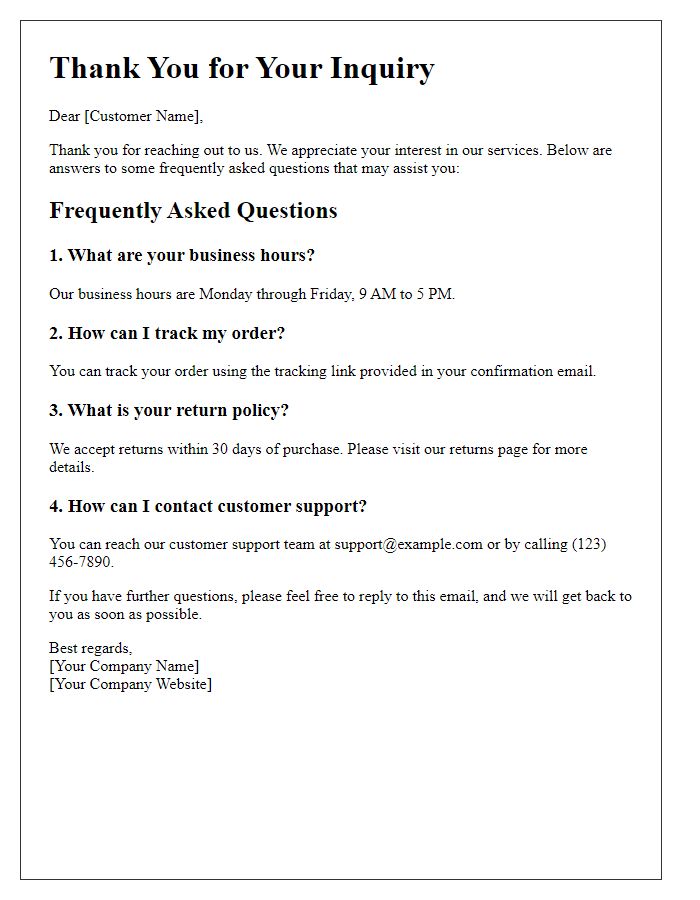 Letter template of automated reply to frequently asked questions.