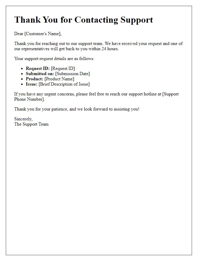 Letter template of automated response for support requests.