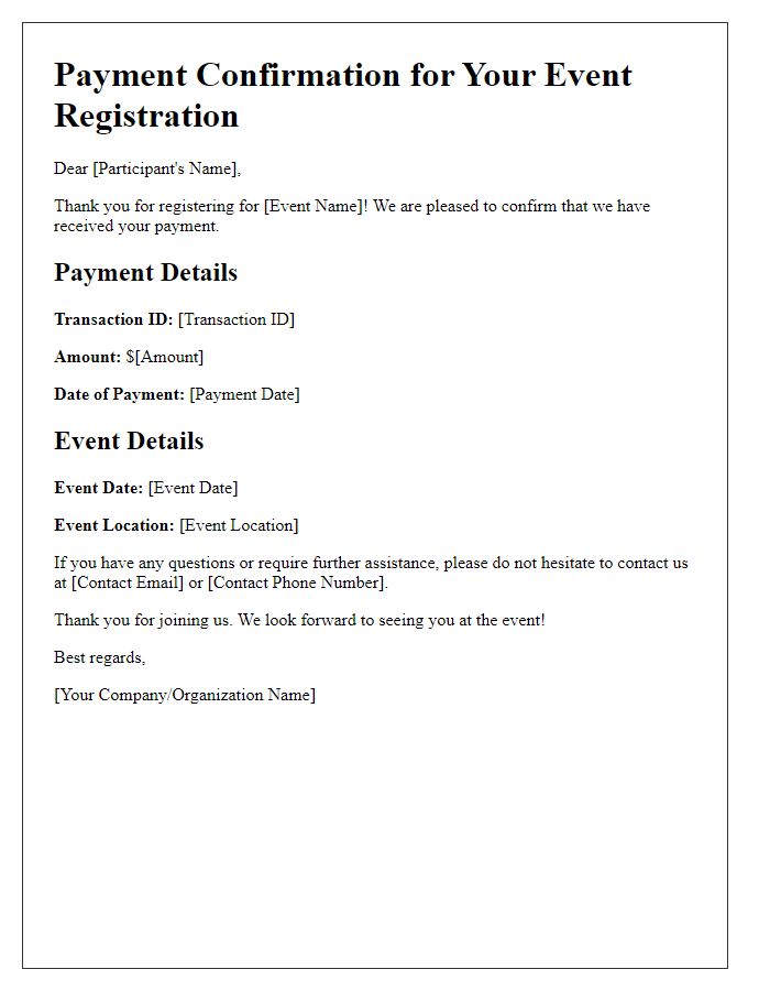 Letter template of Online Payment Confirmation for Event Registration