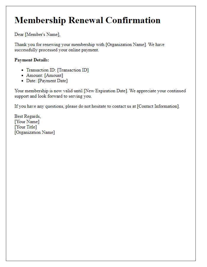 Letter template of Online Payment Confirmation for Membership Renewal