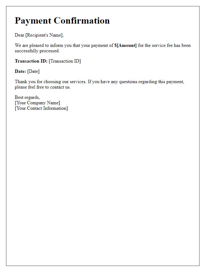 Letter template of Online Payment Confirmation for Service Fee