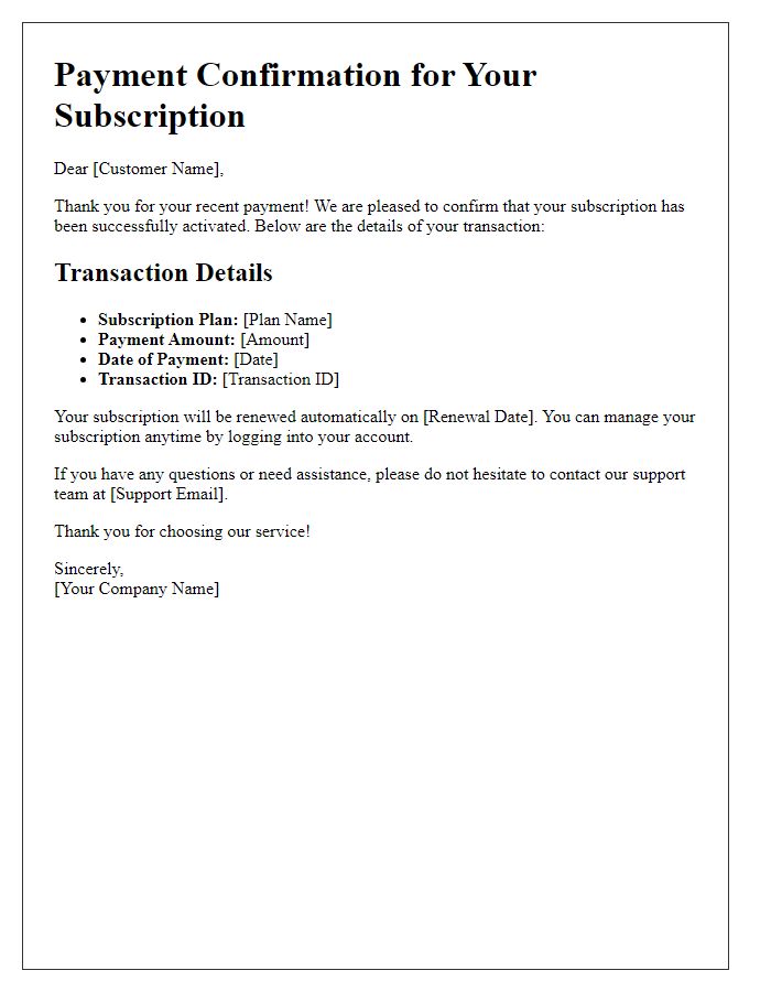 Letter template of Online Payment Confirmation for Subscription Service