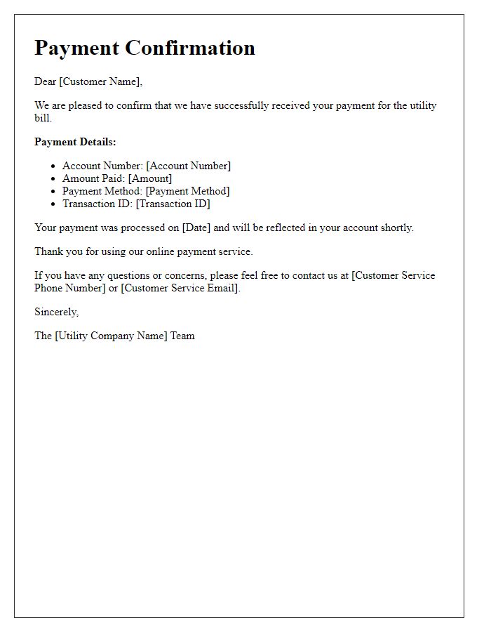 Letter template of Online Payment Confirmation for Utility Bill Payment