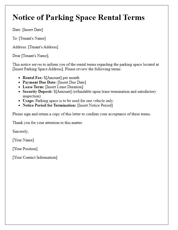 Letter template of notice for parking space rental terms to tenants