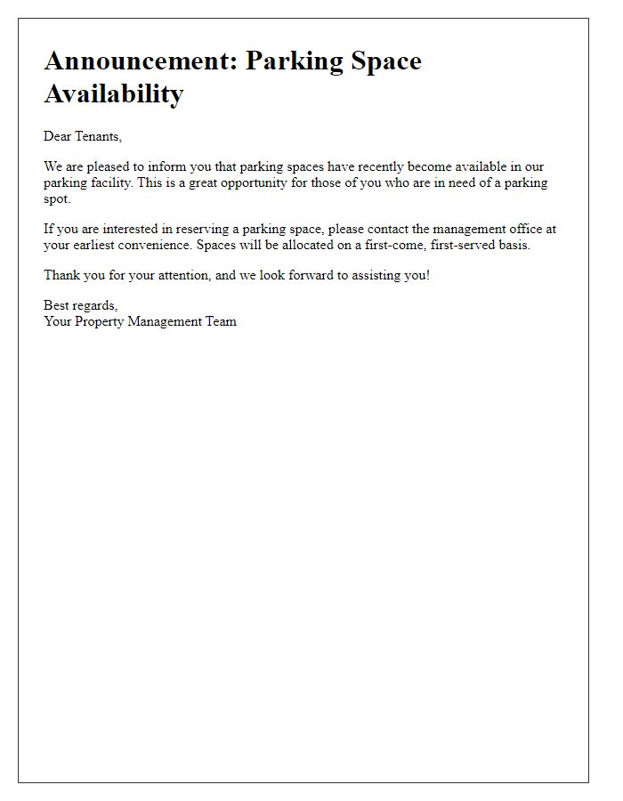 Letter template of parking space availability announcement for tenants