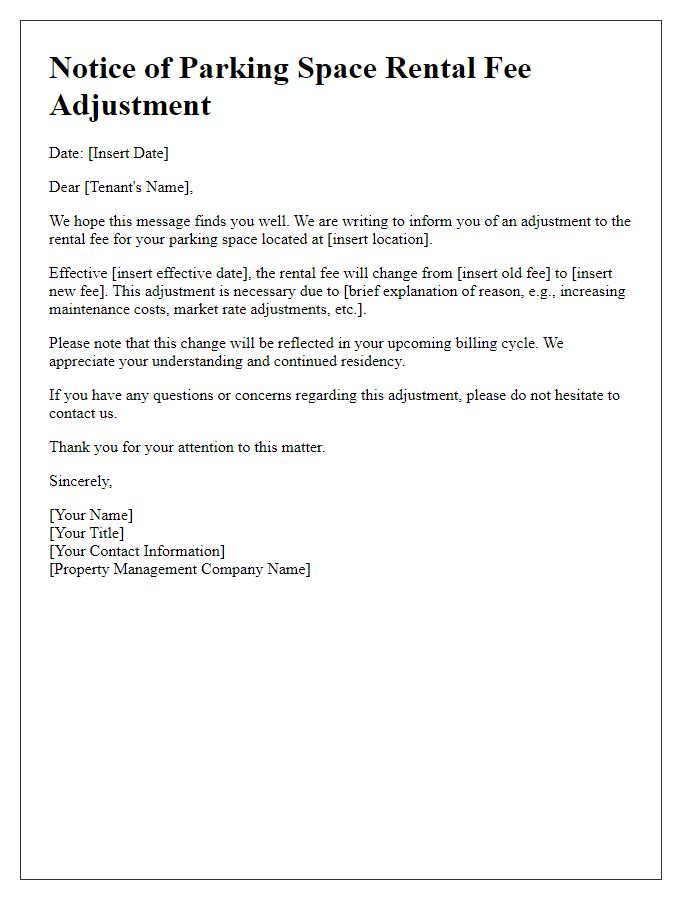 Letter template of parking space rental fee adjustment for tenants