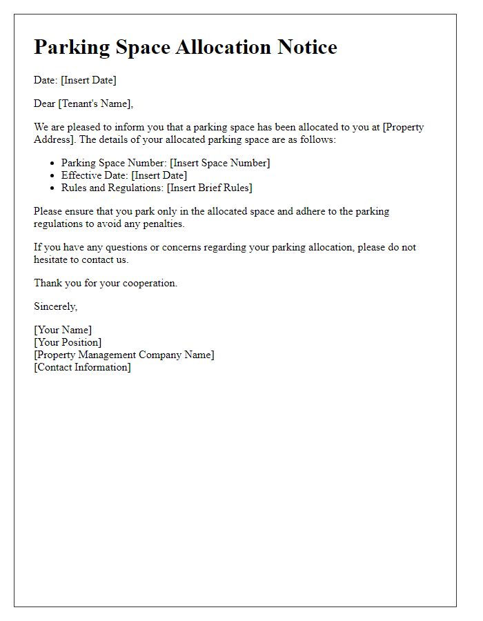 Letter template of tenant parking space allocation notice