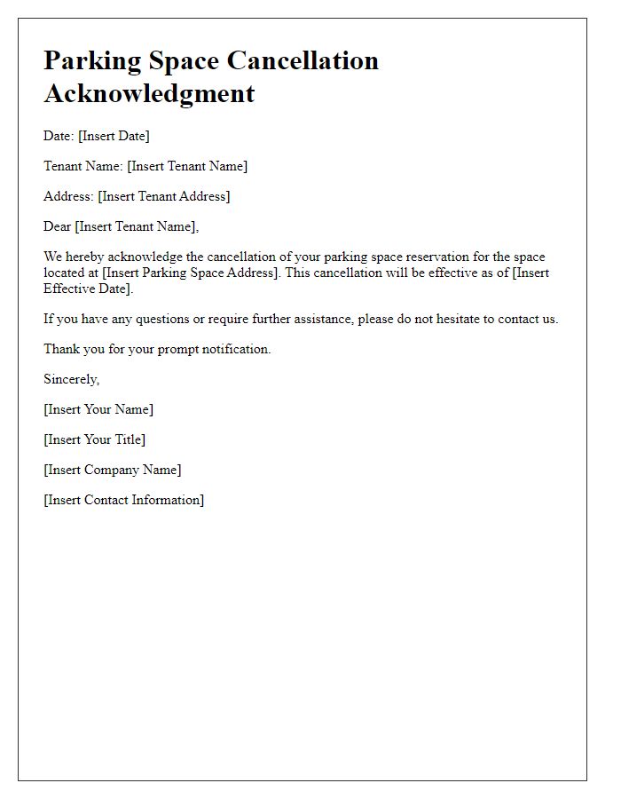 Letter template of tenant parking space cancellation acknowledgment