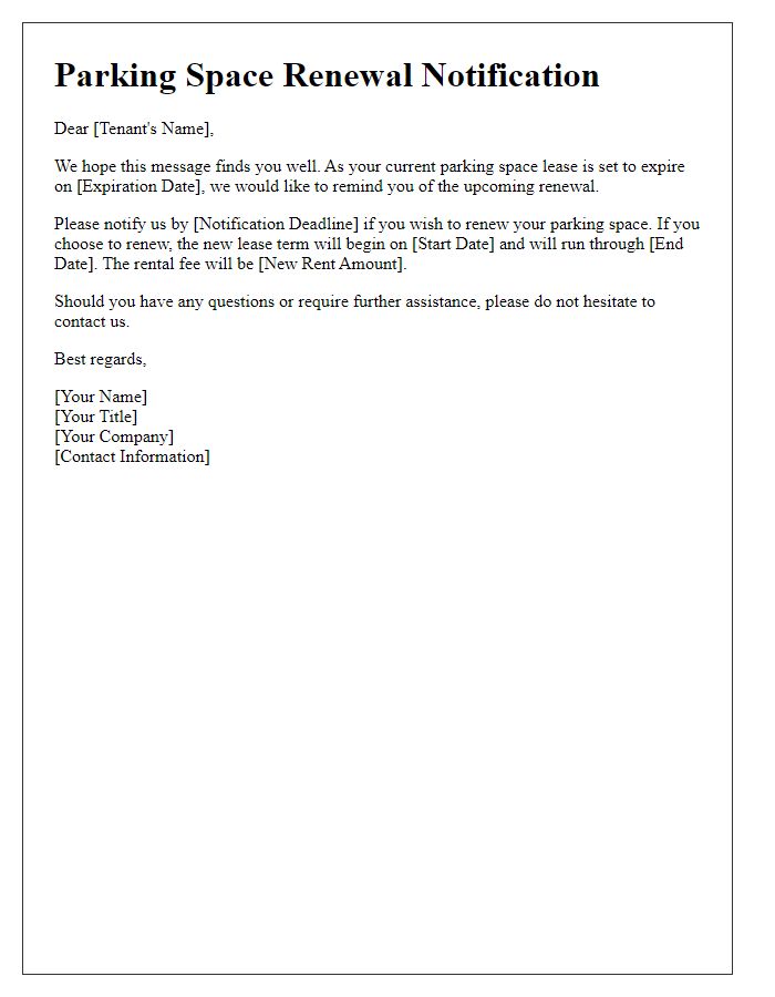 Letter template of tenant parking space renewal notification