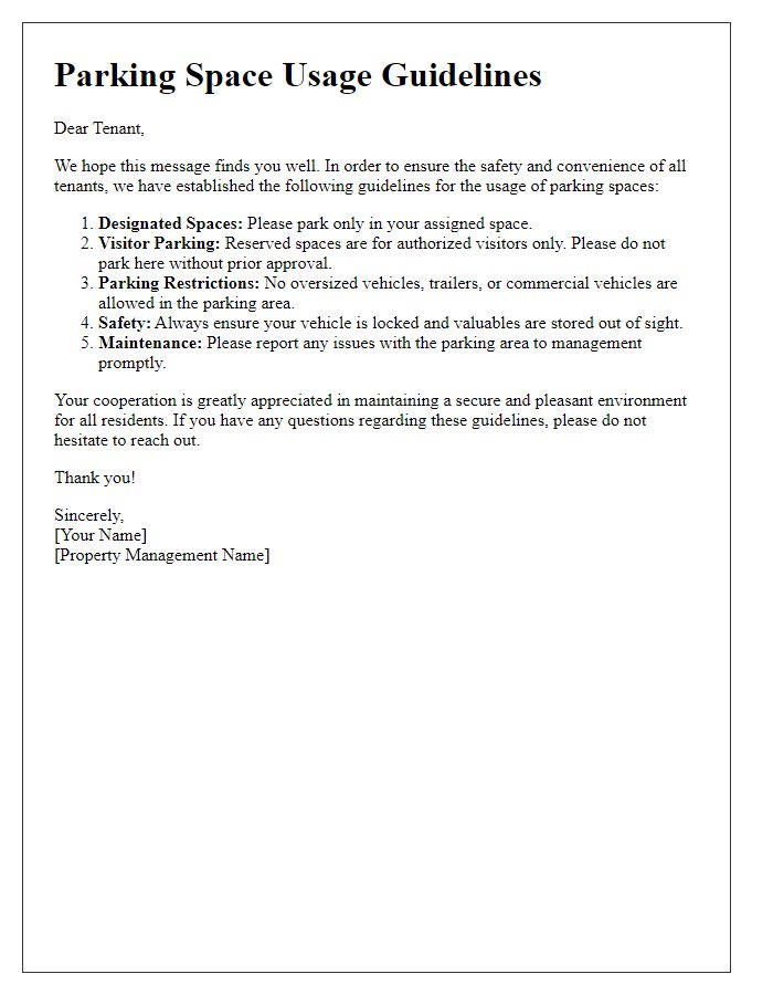 Letter template of tenant parking space usage guidelines