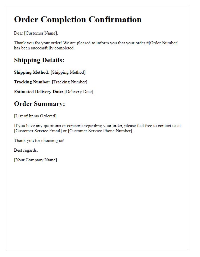 Letter template of order completion and shipping details