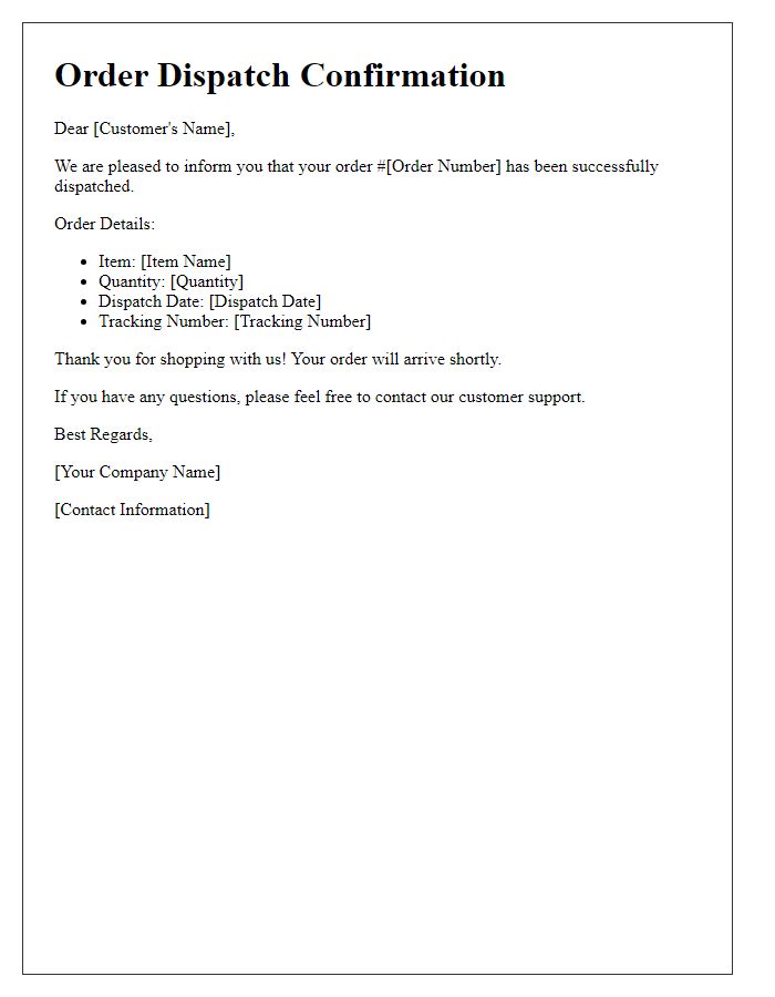 Letter template of order dispatch confirmation