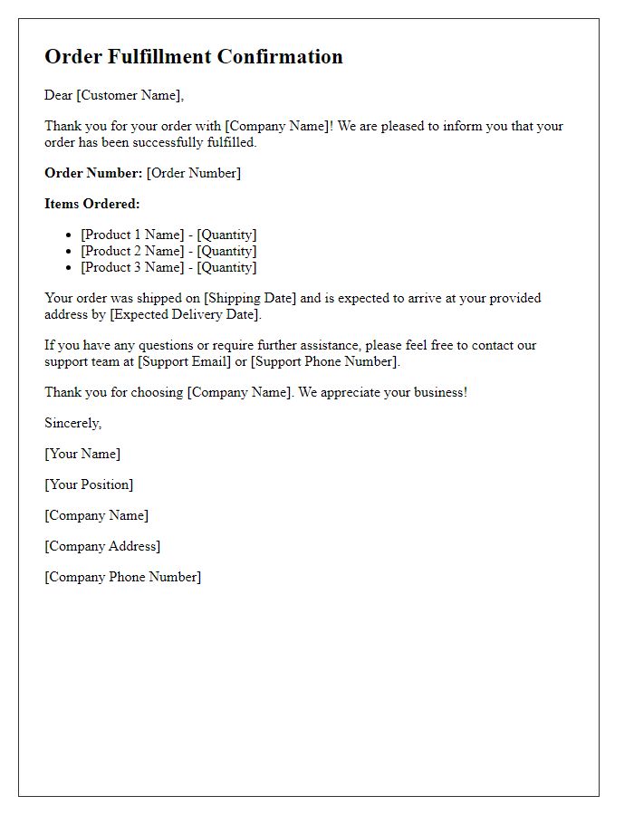 Letter template of product order fulfillment confirmation