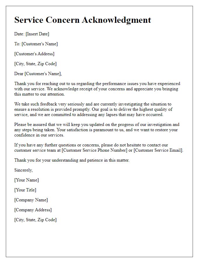 Letter template of Service Concern Acknowledgment for Performance Issues