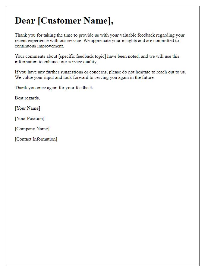 Letter template of Service Feedback Acknowledgment for Customer Experience