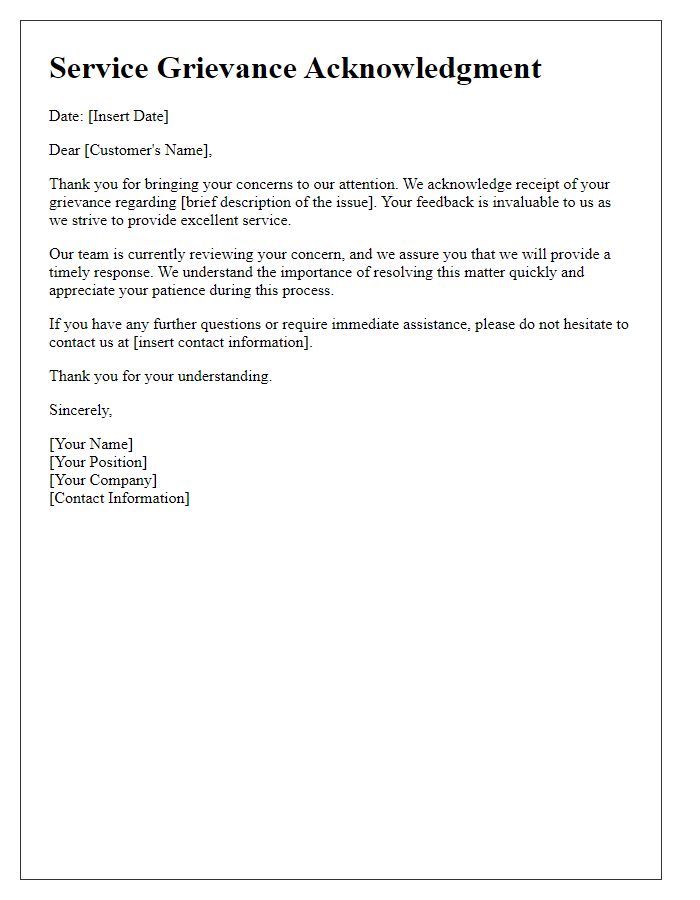 Letter template of Service Grievance Acknowledgment for Timely Response