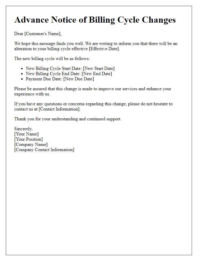 Letter template of advance notice for billing cycle alterations