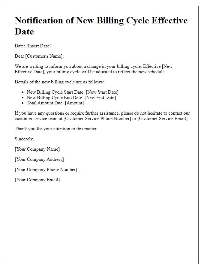 Letter template of new billing cycle effective date notification