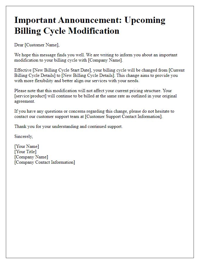 Letter template of upcoming billing cycle modification announcement