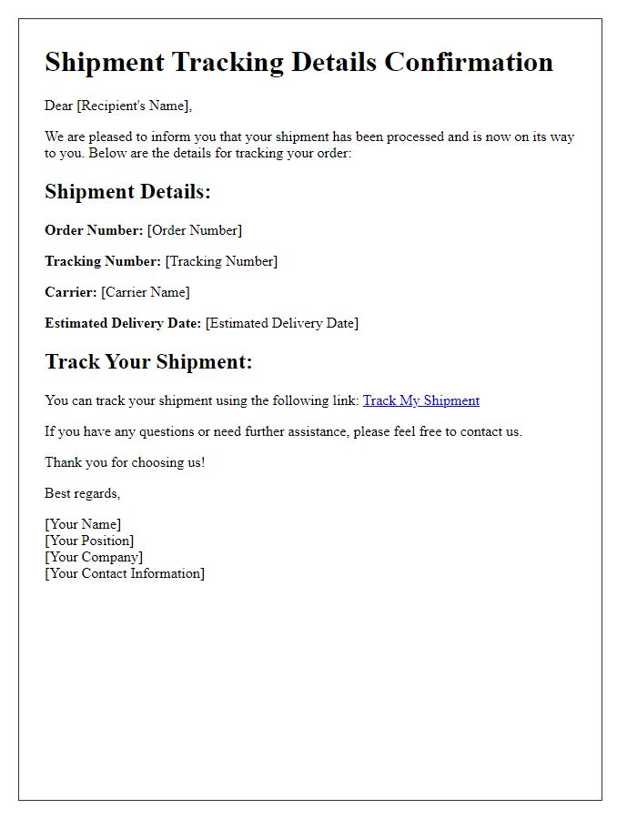 Letter template of shipment tracking details confirmation.