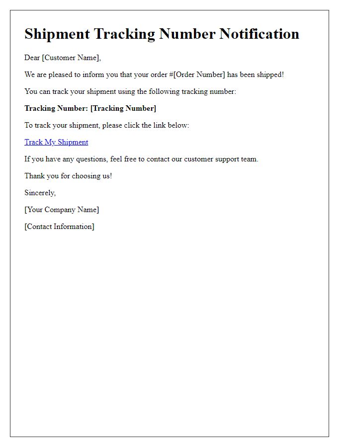 Letter template of shipment tracking number notification.