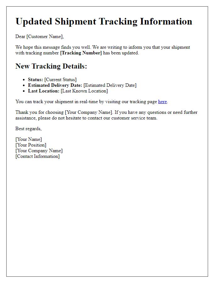 Letter template of updated shipment tracking information.