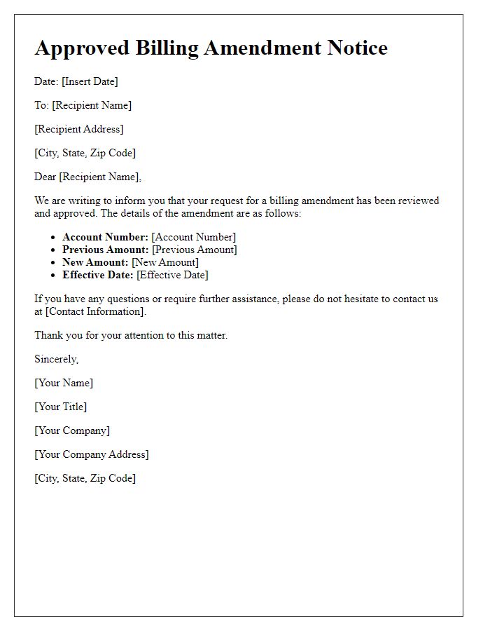 Letter template of approved billing amendment notice