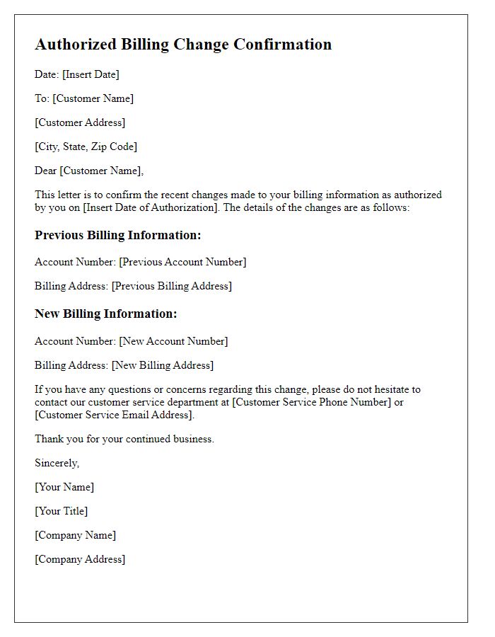 Letter template of authorized billing change confirmation